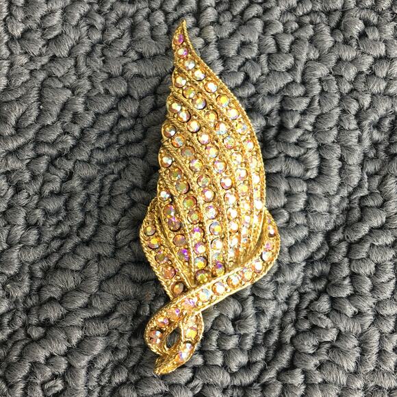 Vintage Gold Tone 2 1/2" Feather Wing Pin Brooch with Rhinestones - Picture 1 of 10